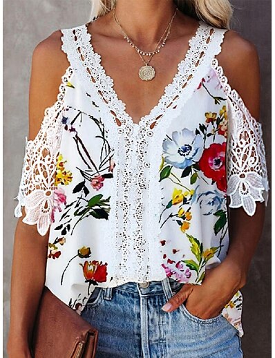 cheap Women&#039;s Tops-Women&#039;s Blouse Floral Flower V Neck Lace Print Tops White / 3D Print