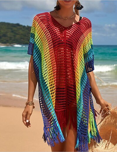 Χαμηλού Κόστους Γυναικεία μαγιό-Γυναικεία Μαγιό Που καλύπτει Φόρεμα στην παραλία Κανονικό Μαγιό Συνδυασμός Χρωμάτων Φούντες Τρύπα Μπλε Απαλό Μαύρο Ουράνιο Τόξο Πορτοκαλί Μπεζ Λαιμόκοψη V Μαγιό Ρούχα παραλίας Με κοψίματα Λάγνος