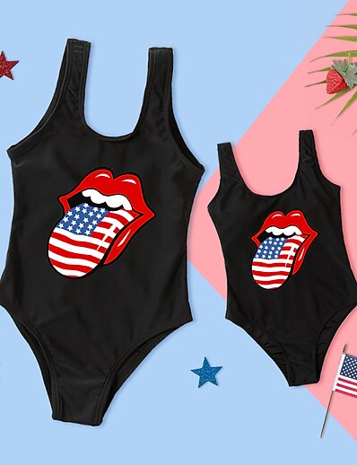 cheap Family Matching Outfits-Mommy and Me American National Day Swimsuit Star Flag Causal Print Black Sleeveless Casual Matching Outfits