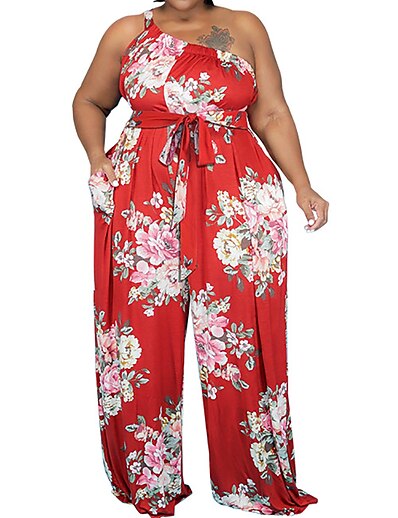 cheap Women&#039;s Plus Size Bottoms-Women&#039;s Plus Size Jumpsuit Print Floral Casual Daily Casual Full Length High Spring Summer Red XL XXL 3XL 4XL 5XL