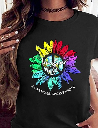 cheap Women&#039;s Tops-Women&#039;s Casual Holiday Weekend T shirt Tee Floral Painting Short Sleeve Sunflower Peace &amp; Love Round Neck Print Basic Tops Green White Black S