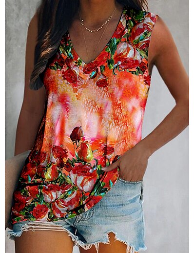 cheap Best Selling Tops-Women&#039;s Tank Top Vest Floral Theme Floral V Neck Print Casual Streetwear Tops Green Blue Red / 3D Print