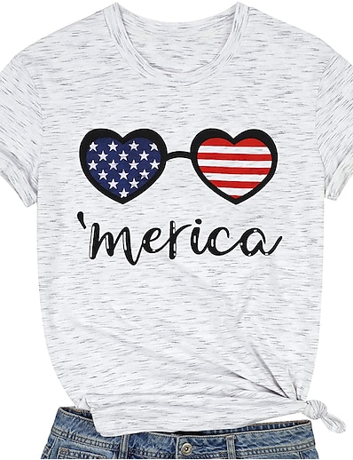 cheap Women&#039;s Tops-Women&#039;s T shirt Painting USA National Flag Round Neck Print Basic Tops Gray
