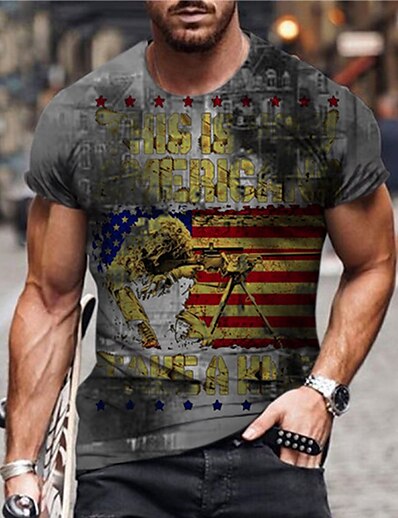 cheap Men&#039;s Tops-Men&#039;s Unisex T shirt Tee Graphic Prints Soldier National Flag 3D Print Crew Neck Street Daily Short Sleeve Print Tops Casual Vintage Designer Big and Tall Gray / Summer