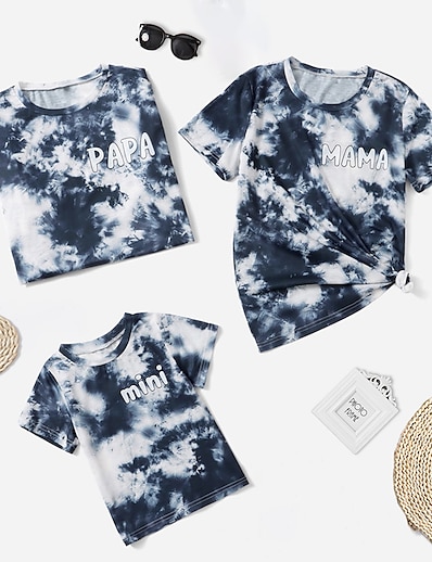 cheap Family Matching Outfits-Family Look T shirt Tops Causal Tie Dye Letter Print Deep Blue Short Sleeve Casual Matching Outfits / Summer