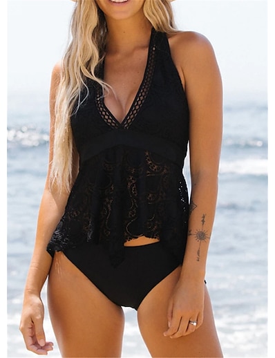 cheap Plus size-Women&#039;s Swimwear Tankini 2 Piece Plus Size Swimsuit Pure Color Open Back Lace for Big Busts Black V Wire Vest Bathing Suits Vacation Fashion New / Modern / Padded Bras