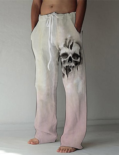 cheap Men&#039;s Bottoms-Men&#039;s Casual Fashion 3D Print Elastic Drawstring Design Front Pocket Straight Trousers Pants Casual Daily Graphic Prints Skull Mid Waist Comfort Soft Pink S M L XL XXL / Beach