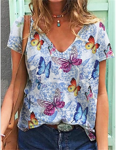 cheap Women&#039;s Tops-Women&#039;s T shirt Butterfly Butterfly Flower V Neck Patchwork Print Basic Tops White Purple Yellow / 3D Print