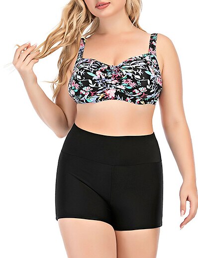 cheap Plus size-Women&#039;s Swimwear Bikini 2 Piece Plus Size Swimsuit Floral Open Back Printing for Big Busts Black V Wire Bathing Suits Vacation Fashion Sexy / Modern / New / Padded Bras