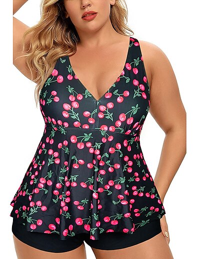 cheap Plus size-Women&#039;s Swimwear Tankini 2 Piece Plus Size Swimsuit Floral Polka Dot 2 Piece Open Back Printing for Big Busts Leopard Green White Black Blue Strap Camisole Padded Bathing Suits Vacation Modern New