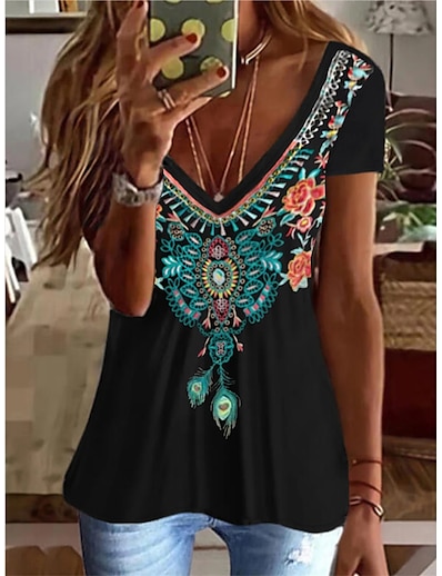 abordables Camisas y Camisetas para Mujer-Mujer Camiseta Floral Gráfico Escote en Pico Retazos Estampado Básico Étnico Vintage Tops Negro / Impresión 3D