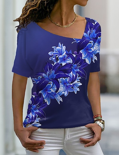 cheap Women&#039;s Tops-Women&#039;s T shirt Floral Theme Painting Floral V Neck Print Basic Tops Green Blue Purple / 3D Print