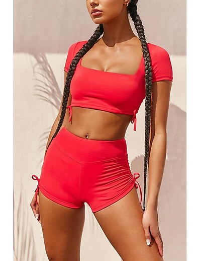 cheap Two Piece Set-Women&#039;s Active Basic Cinched Plain Sports Outdoor Two Piece Set Square Neck Shorts Crop Bra Shorts Sets Tops