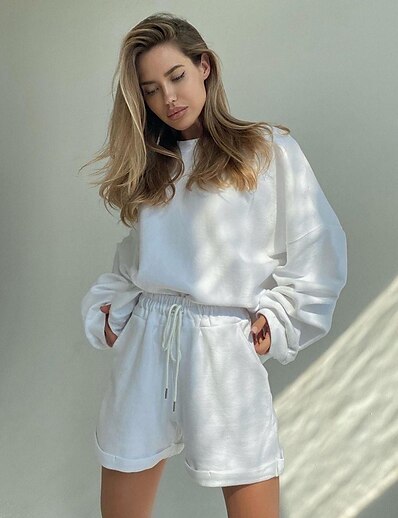 cheap Two Piece Set-2021 european and american new women&#039;s clothing long-sleeved round neck top loose shorts two-piece fashion casual suit sweater