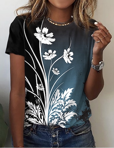 hesapli Kadın Üstleri-Kadın&#039;s Günlük Tatil Hafta sonu T gömlek Çiçek Teması Resim Kısa Kollu Çiçekli Yuvarlak Yaka Desen Temel Üstler Yonca Havuz Mor S / 3D Baskı