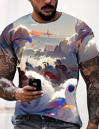 お買い得  メンズ3D-男性用 Tシャツ グラフィック 3Dプリント ラウンドネック カジュアル 日常 半袖 3Dプリント トップの ファッション デザイナー クール 快適 グレー / 夏