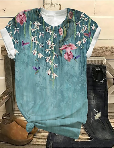 cheap Women&#039;s Tops-Women&#039;s Plus Size Tops T shirt Tee Floral Short Sleeve Print Streetwear Crewneck Cotton Spandex Jersey Daily Sports Spring Summer Blue