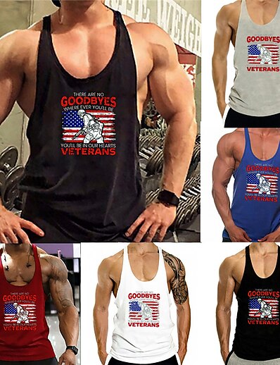 cheap Men&#039;s Tops-Men&#039;s Tank Top Vest Graphic Prints National Flag Letter Hot Stamping Crew Neck Plus Size Daily Sports Sleeveless Print Tops Fashion Classic Designer Hawaiian Wine White Black / Summer