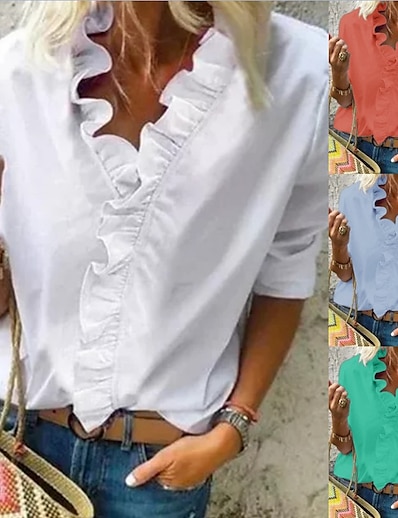 baratos Coleção Básica-Mulheres Blusa Camisa Social Em V Alface Trim Moderno Tecido Decote V Primavera &amp; Outono Normal Verde Branco Azul Laranja