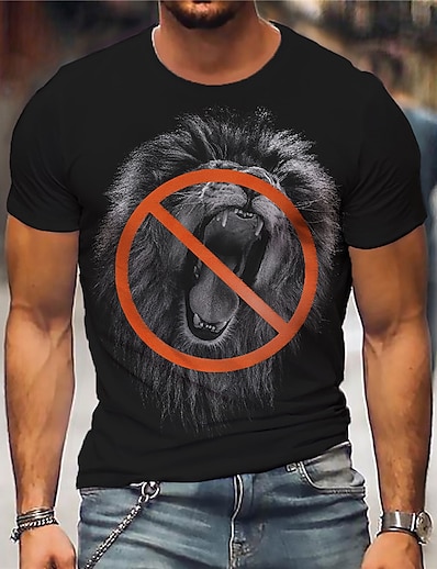 billiga 3D för män-Herr Unisex T-shirt Grafiska tryck Lejon 3D-tryck Rund hals Gata Dagligen Kortärmad Mönster Blast Ledigt Designer Stor och hög Sport Svart / Sommar