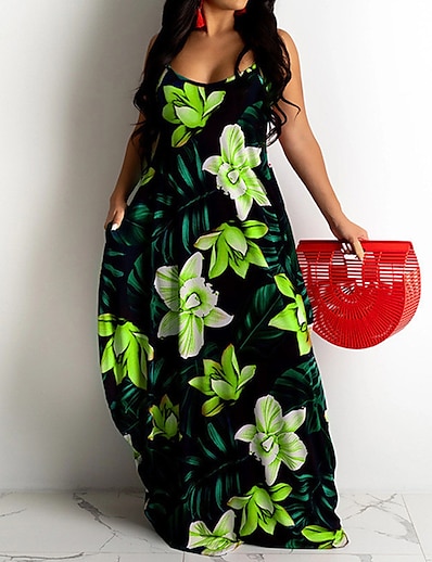 hesapli Büyük Beden Koleksiyonu-Kadın&#039;s Büyük Bedenler Çiçekli Salıncak Elbise Desen Yuvarlak Yaka Kolsuz Günlük Seksi mumu Bahar Yaz Günlük Seyahat Maks haljina Elbise