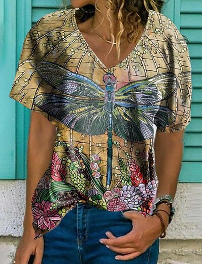 cheap Women&#039;s Tops-Women&#039;s T shirt Floral Theme Bohemian Theme Painting Plants Graphic Geometric V Neck Patchwork Print Vintage Sexy Beach Tops Khaki / 3D Print