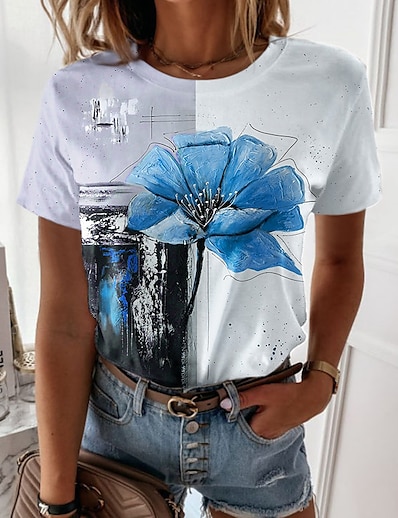 hesapli Kadın Üstleri-Kadın&#039;s Günlük Tatil Hafta sonu T gömlek Çiçek Teması Resim Kısa Kollu Çiçekli Yuvarlak Yaka Desen Temel Üstler Havuz Mor Doğal Pembe S / 3D Baskı
