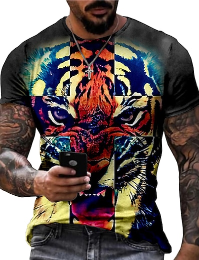 billiga 3D för män-Herr Unisex T-shirt Grafiska tryck Tiger 3D-tryck Rund hals Gata Dagligen Kortärmad Mönster Blast Ledigt Designer Stor och hög Sport Orange / Sommar