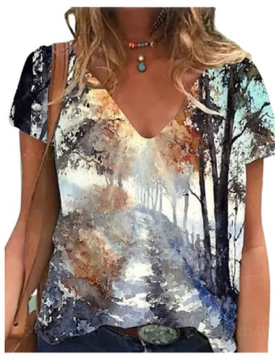 cheap Women&#039;s Tops-Women&#039;s T shirt Abstract 3D Printed Painting Floral 3D V Neck Print Basic Tops Blue Pink Rainbow