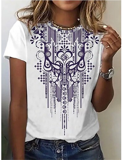 cheap Women&#039;s Tops-Women&#039;s T shirt Tribal Round Neck Patchwork Print Basic Tops White / 3D Print