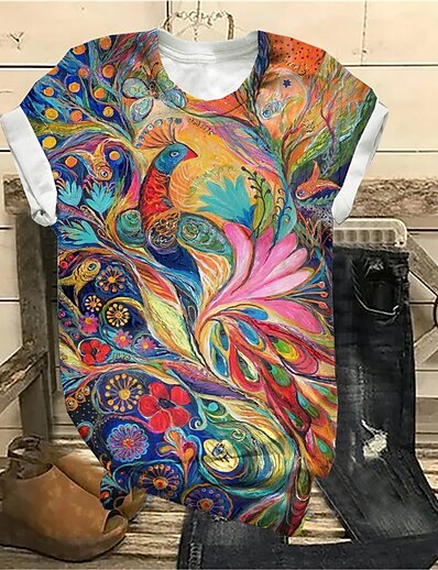 cheap Women&#039;s Tops-Women&#039;s Plus Size Tops T shirt Tee Floral Short Sleeve Print Streetwear Crewneck Cotton Spandex Jersey Daily Sports Spring Summer Rainbow