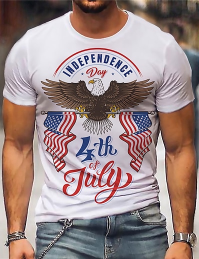 cheap Men&#039;s Tops-Men&#039;s Unisex T shirt Tee Graphic Prints Eagle National Flag Hot Stamping Crew Neck Street Daily Short Sleeve Print Tops Casual Designer Big and Tall Sports White Black Dark Gray / Summer