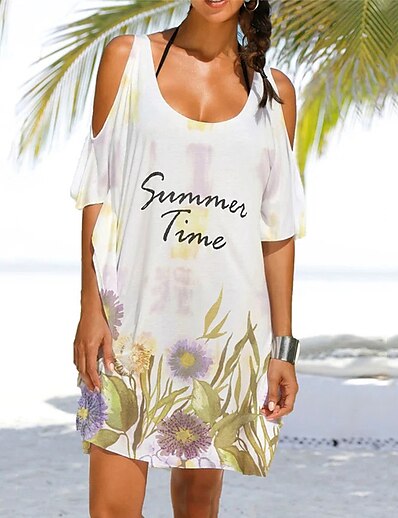 cheap Plus size-Women&#039;s Swimwear Cover Up Beach Dress Plus Size Swimsuit Floral Mermaid Printing for Big Busts Hole Green White Gray Purple Rainbow Scoop Neck Bathing Suits Vacation Fashion New / Modern / Animal