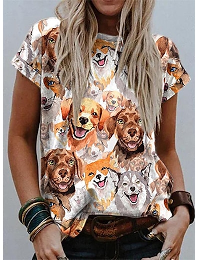cheap Women&#039;s Tops-Women&#039;s T shirt Painting Dog Tie Dye Skull Round Neck Print Basic Ethnic Tops Green Gray Yellow / 3D Print
