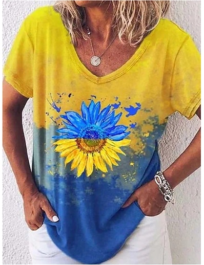 cheap Women&#039;s Tops-Women&#039;s T shirt Color Gradient Flower V Neck Patchwork Print Basic Tops Yellow / 3D Print