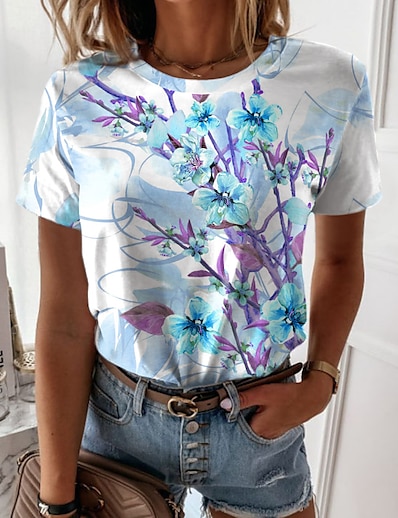 cheap Tees &amp; T Shirts-Women&#039;s Casual Holiday Weekend T shirt Tee Floral Painting Short Sleeve Floral Round Neck Print Basic Tops Blue Purple Orange S / 3D Print