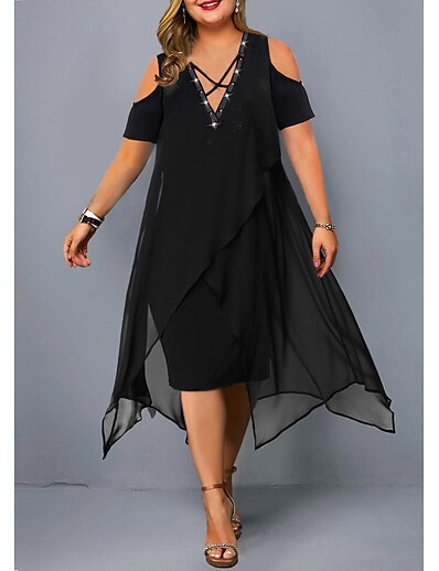 cheap Plus size-Women&#039;s Plus Size Solid Color A Line Dress Ruched V Neck Short Sleeve Basic Casual Sexy Spring Summer Daily Weekend Midi Dress Dress / Mesh