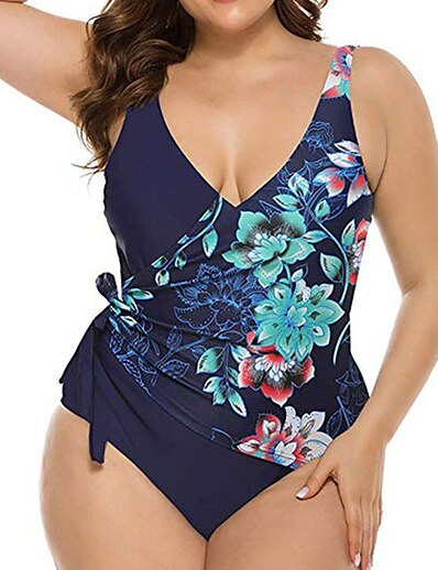 cheap Plus size-Women&#039;s Swimwear One Piece Monokini Bathing Suits Plus Size Swimsuit Flower Open Back Printing for Big Busts Blue Orange Red V Wire Bathing Suits Vacation Fashion New / Modern / Padded Bras