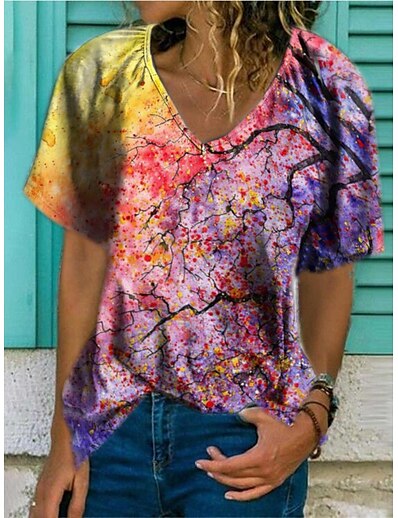 cheap Women&#039;s Tops-Women&#039;s T shirt Floral Theme Geometric Plants Graphic Flower V Neck Patchwork Print Vintage Sexy Hawaiian Tops Rainbow / 3D Print