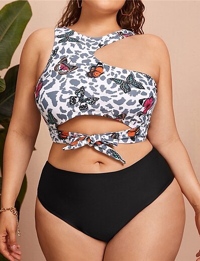 cheap Plus size-Women&#039;s Swimwear Bikini 2 Piece Plus Size Swimsuit Butterfly Leopard Cut Out Printing for Big Busts Gray Scoop Neck Tank Top Bathing Suits Vacation Fashion Sexy / Modern / Animal / New / Padded Bras