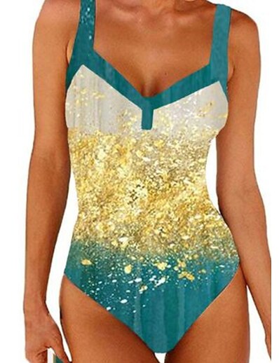 cheap Plus size-Women&#039;s Swimwear One Piece Monokini Bathing Suits Plus Size Swimsuit Color Block High Waisted for Big Busts Gold V Wire Padded Bathing Suits Vacation Sexy Sports / Strap / New / Strap