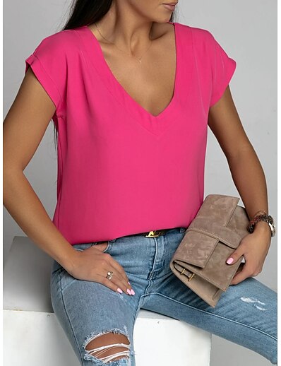 ieftine Haine de Damă-Pentru femei Bluză Tricou Lipitură Găurite Zilnic Mată Tricou În V Vară Regulat Alb Negru Roșu Deschis