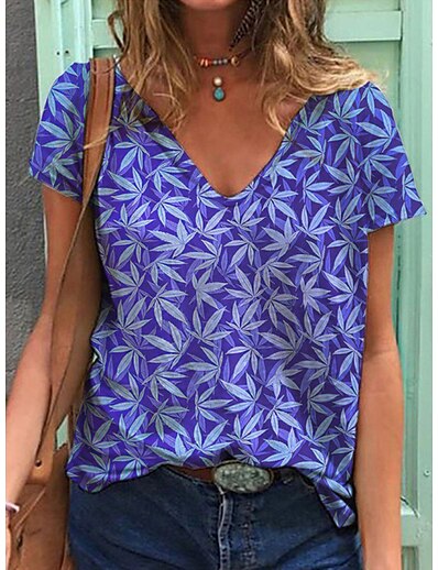 cheap Women&#039;s Tops-Women&#039;s T shirt Floral Theme Painting Tie Dye Leaf V Neck Print Basic Tops Green Purple Light Green / 3D Print