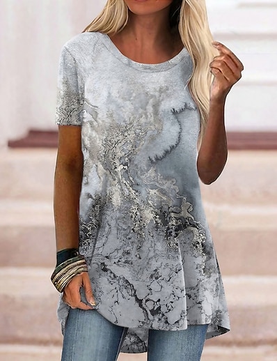 abordables Camisas y Camisetas para Mujer-Mujer Camiseta Abstracto Geométrico adj. Pintura A Rayas Gráfico Escote Redondo Retazos Estampado Vintage Sensual Tops Gris / Impresión 3D