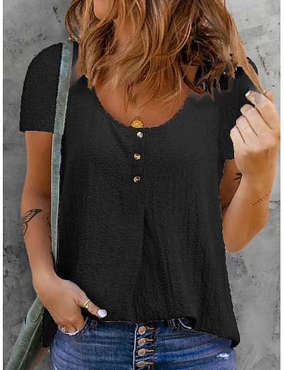 cheap Women&#039;s Tops-Women&#039;s Henley Shirt T shirt Plain Round Neck Button Basic Tops White Black Blue
