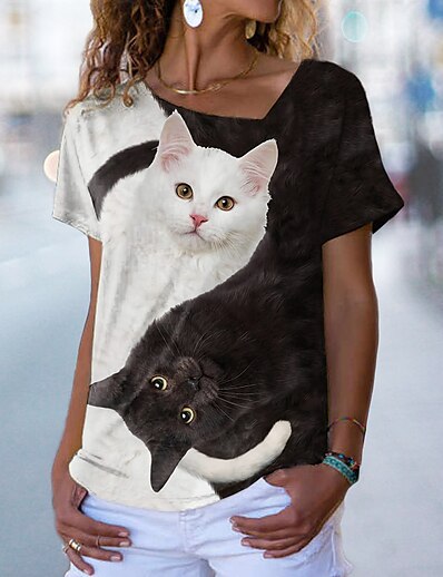 cheap Women&#039;s Tops-Women&#039;s T shirt 3D Cat Painting Cat 3D V Neck Print Basic Tops Brown / 3D Print
