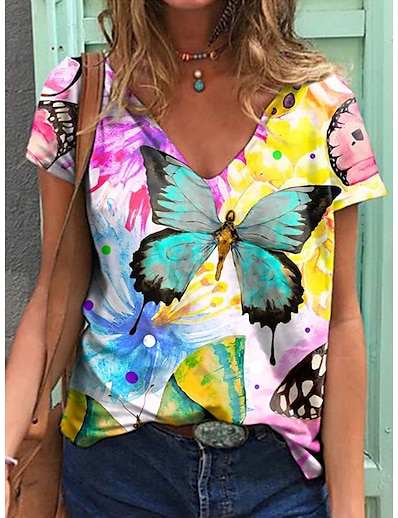 cheap Women&#039;s Tops-Women&#039;s Casual Weekend T shirt Tee Butterfly Flamingo Painting Short Sleeve Floral Butterfly V Neck Print Basic Tops Green Black Blue S / 3D Print
