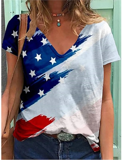 cheap Women&#039;s Tops-Women&#039;s T shirt Color Gradient Flag V Neck Patchwork Print Basic Tops Rainbow / 3D Print