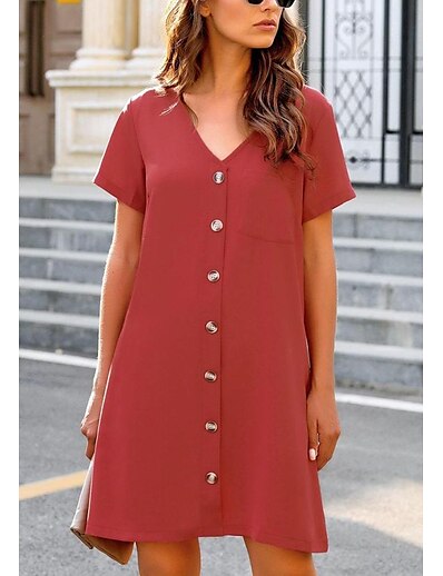 billige Dameklær-Dame Skjortekjole Lomme Knapp Moderne عادي T-skjorte Sommer Normal Rød