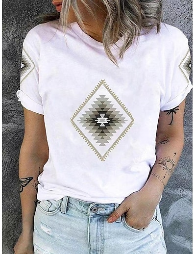 cheap Women&#039;s Tops-Women&#039;s T shirt Geometric Plaid Tribal Round Neck Patchwork Print Ethnic Vintage Beach Tops White / 3D Print